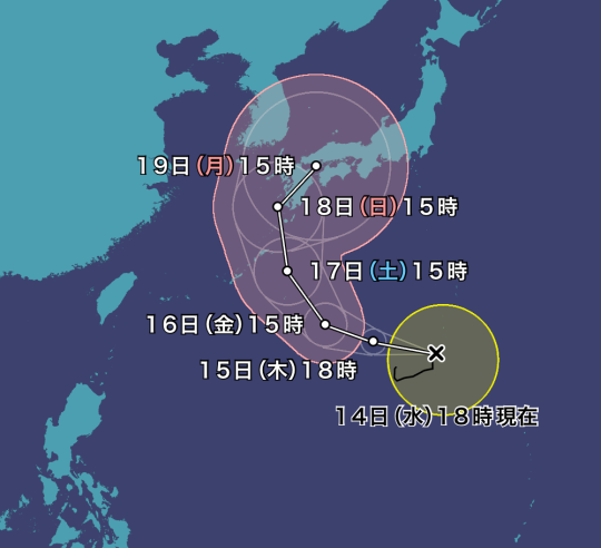 台風14号2022の米軍やWindyヨーロッパ最新進路予想で中国地方に接近するのはいつ？4