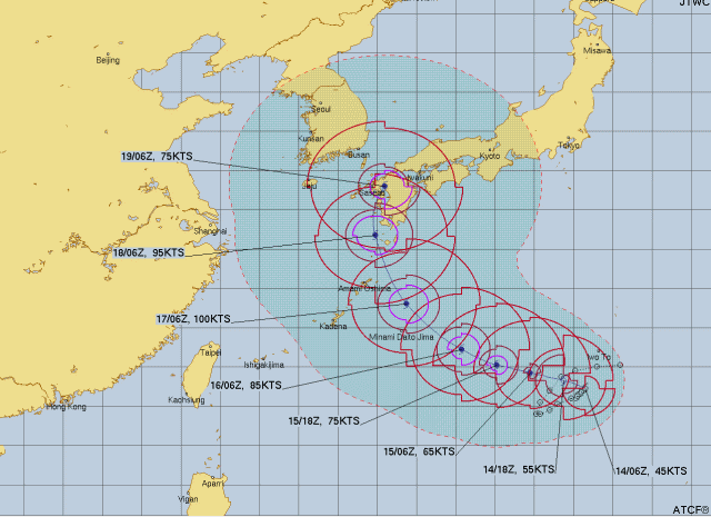 台風14号2022の米軍やWindyヨーロッパ最新進路予想で中国地方に接近するのはいつ？2